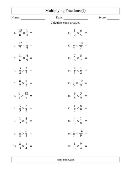 The Multiplying Proper and Improper Fractions with All Simplification (J) Math Worksheet