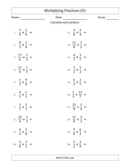 The Multiplying Proper and Improper Fractions with Some Simplification (D) Math Worksheet