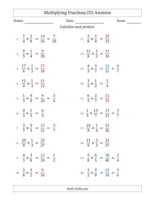 The Multiplying Proper and Improper Fractions with Some Simplification (D) Math Worksheet Page 2