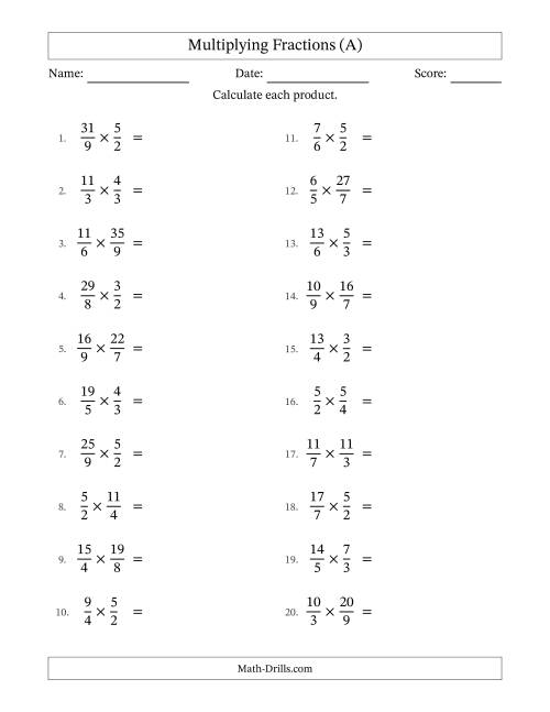 The Multiplying Two Improper Fractions with No Simplifying (A) Math Worksheet