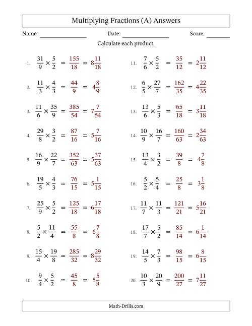 The Multiplying Two Improper Fractions with No Simplifying (A) Math Worksheet Page 2
