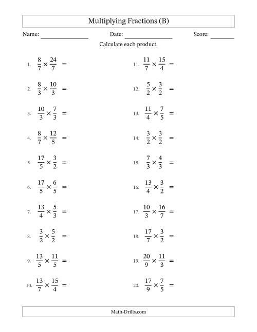 The Multiplying Two Improper Fractions with No Simplification (B) Math Worksheet