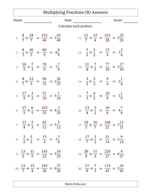 The Multiplying Two Improper Fractions with No Simplification (B) Math Worksheet Page 2
