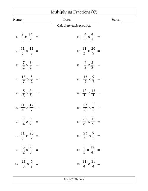 The Multiplying Two Improper Fractions with No Simplification (C) Math Worksheet