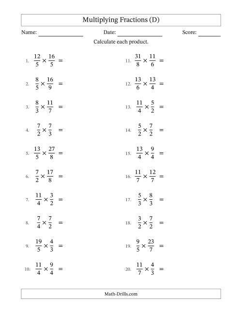 The Multiplying Two Improper Fractions with No Simplification (D) Math Worksheet