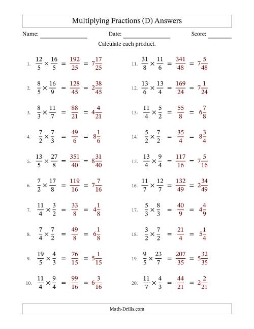 The Multiplying Two Improper Fractions with No Simplification (D) Math Worksheet Page 2