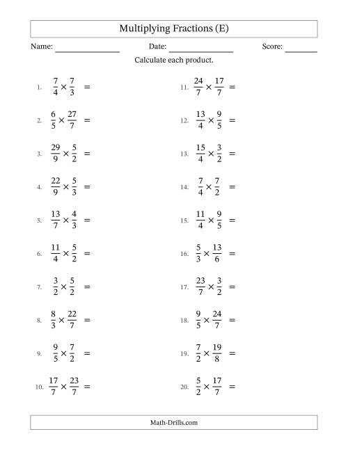 The Multiplying Two Improper Fractions with No Simplification (E) Math Worksheet