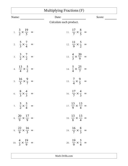The Multiplying Two Improper Fractions with No Simplification (F) Math Worksheet