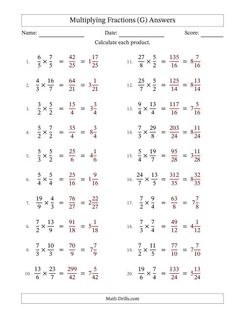 The Multiplying Two Improper Fractions with No Simplification (G) Math Worksheet Page 2