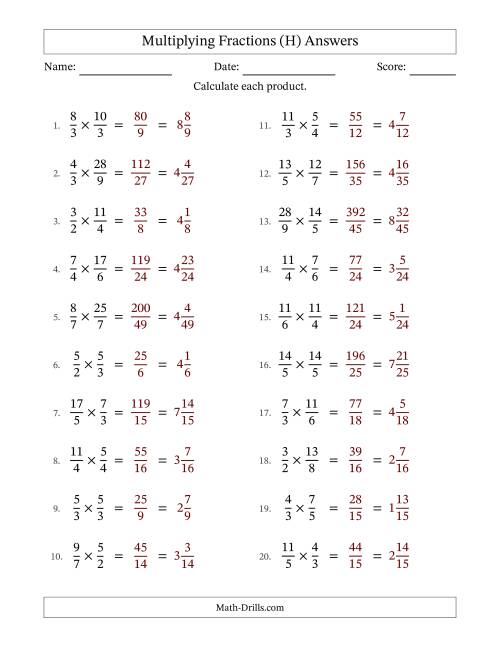 The Multiplying Two Improper Fractions with No Simplification (H) Math Worksheet Page 2