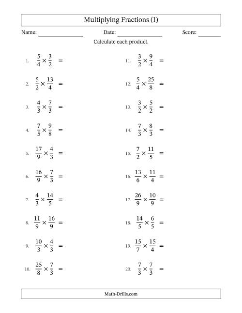 The Multiplying Two Improper Fractions with No Simplification (I) Math Worksheet