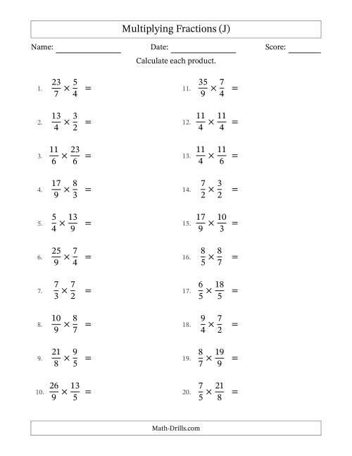 The Multiplying Two Improper Fractions with No Simplification (J) Math Worksheet