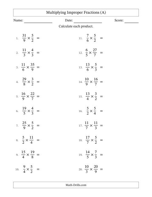 The Multiplying Two Improper Fractions with No Simplifying (All) Math Worksheet