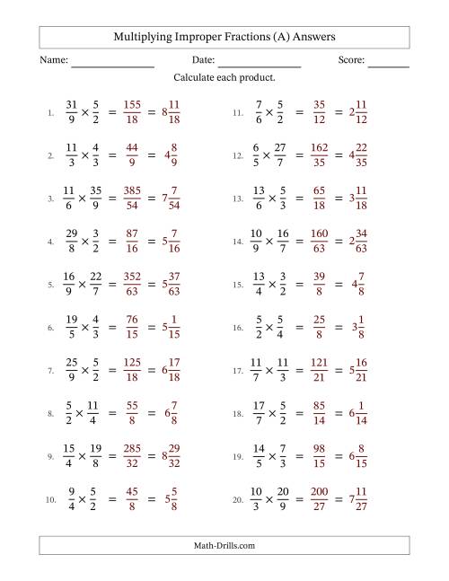 The Multiplying Two Improper Fractions with No Simplifying (All) Math Worksheet Page 2