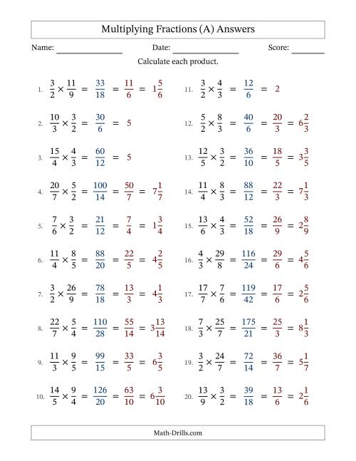 The Multiplying Two Improper Fractions with All Simplification (A) Math Worksheet Page 2