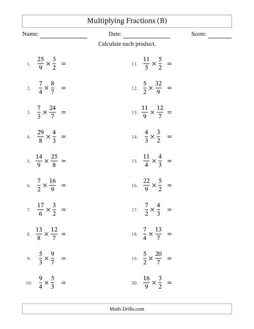 The Multiplying Two Improper Fractions with All Simplification (B) Math Worksheet