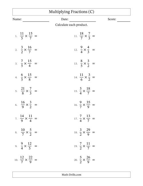 The Multiplying Two Improper Fractions with All Simplification (C) Math Worksheet