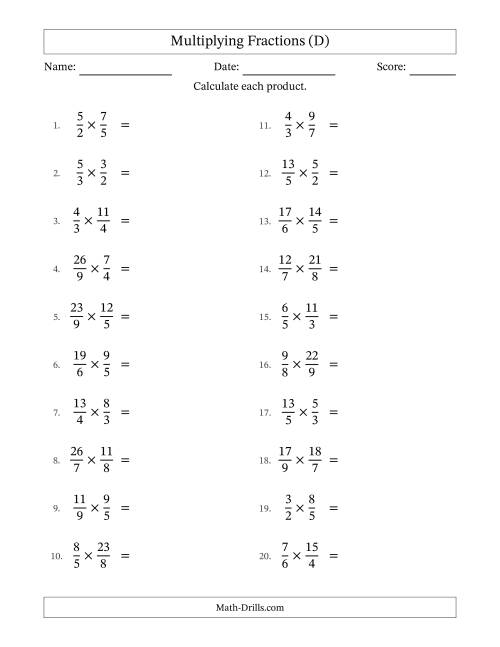 The Multiplying Two Improper Fractions with All Simplification (D) Math Worksheet