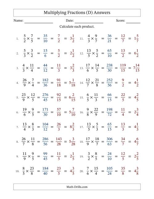 The Multiplying Two Improper Fractions with All Simplification (D) Math Worksheet Page 2