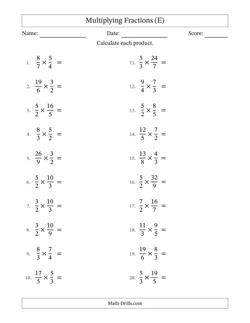 The Multiplying Two Improper Fractions with All Simplification (E) Math Worksheet
