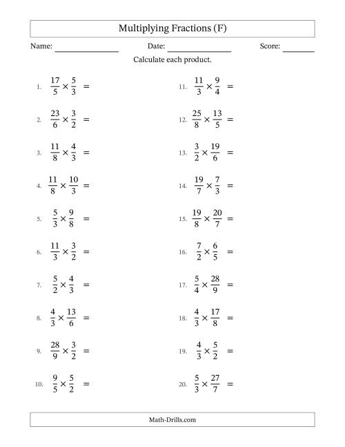 The Multiplying Two Improper Fractions with All Simplification (F) Math Worksheet