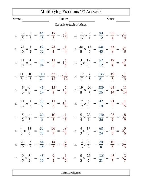 The Multiplying Two Improper Fractions with All Simplification (F) Math Worksheet Page 2