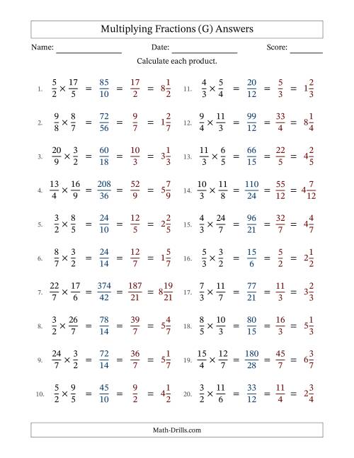 The Multiplying Two Improper Fractions with All Simplification (G) Math Worksheet Page 2