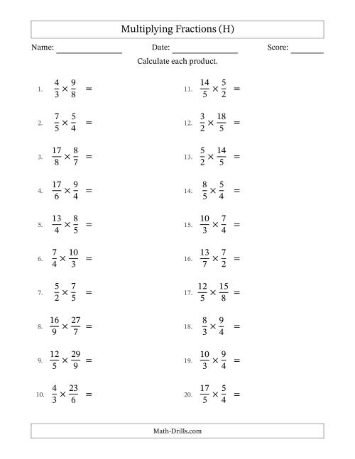 The Multiplying Two Improper Fractions with All Simplification (H) Math Worksheet