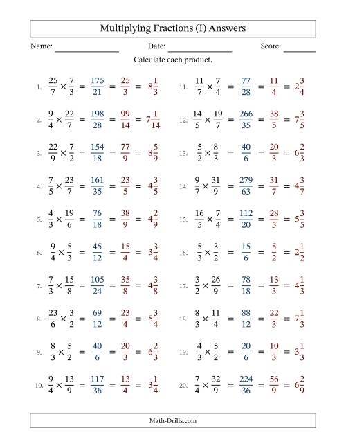 The Multiplying Two Improper Fractions with All Simplification (I) Math Worksheet Page 2