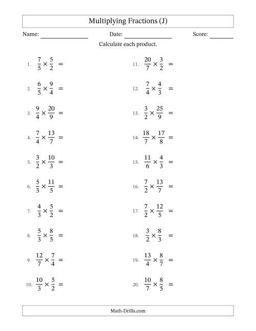 The Multiplying Two Improper Fractions with All Simplification (J) Math Worksheet