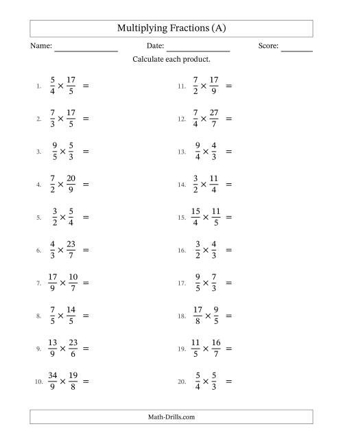 The Multiplying Two Improper Fractions with Some Simplifying (A) Math Worksheet