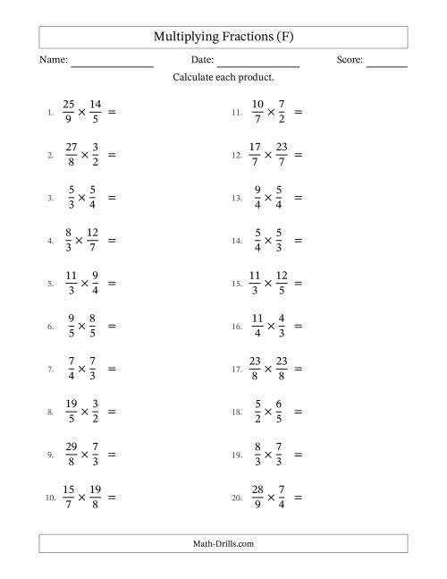 The Multiplying Two Improper Fractions with Some Simplification (F) Math Worksheet