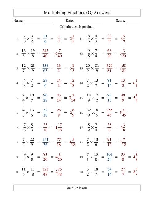 The Multiplying Two Improper Fractions with Some Simplification (G) Math Worksheet Page 2