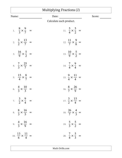The Multiplying Two Improper Fractions with Some Simplification (J) Math Worksheet