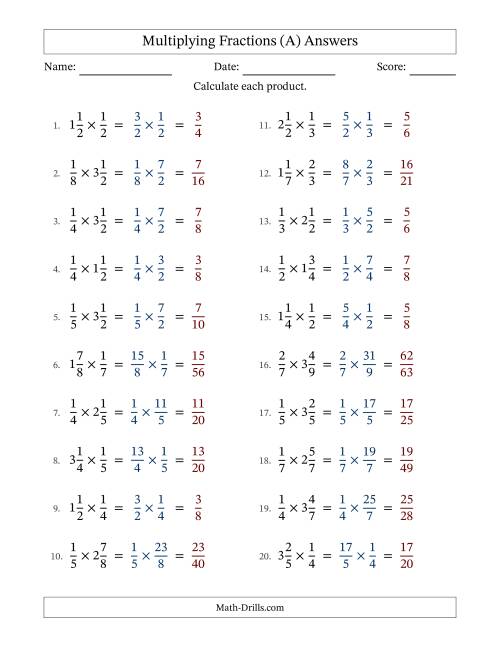 The Multiplying Proper and Mixed Fractions with No Simplifying (A) Math Worksheet Page 2