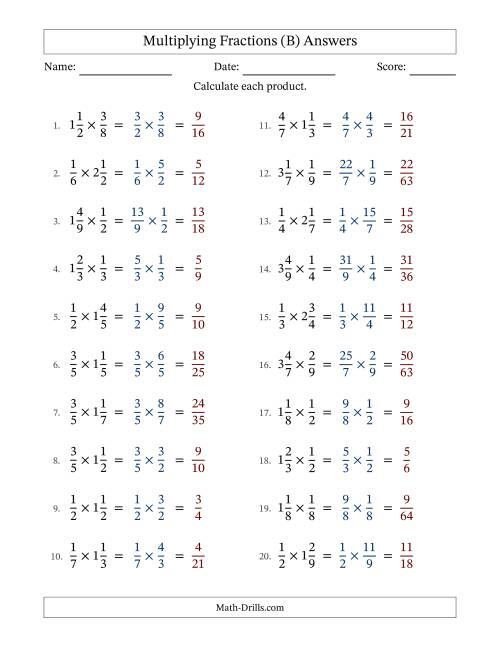 The Multiplying Proper and Mixed Fractions with No Simplification (B) Math Worksheet Page 2