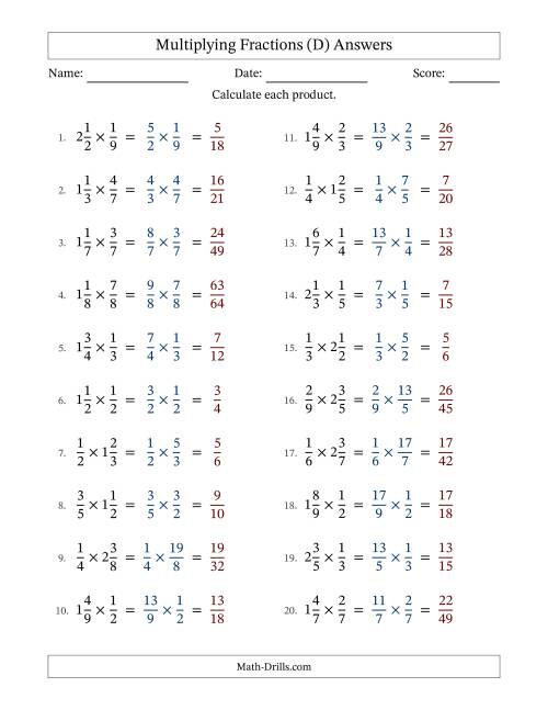 The Multiplying Proper and Mixed Fractions with No Simplification (D) Math Worksheet Page 2