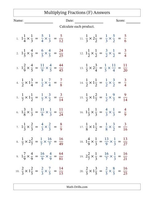 The Multiplying Proper and Mixed Fractions with No Simplification (F) Math Worksheet Page 2