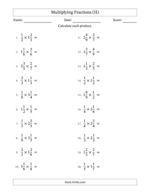 The Multiplying Proper and Mixed Fractions with No Simplification (H) Math Worksheet