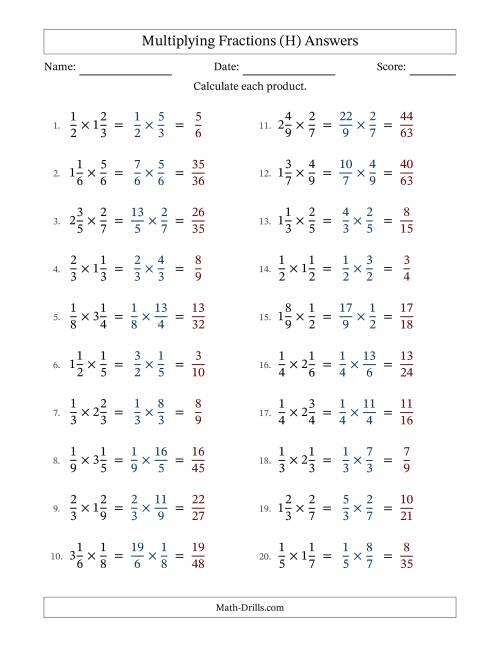 The Multiplying Proper and Mixed Fractions with No Simplification (H) Math Worksheet Page 2