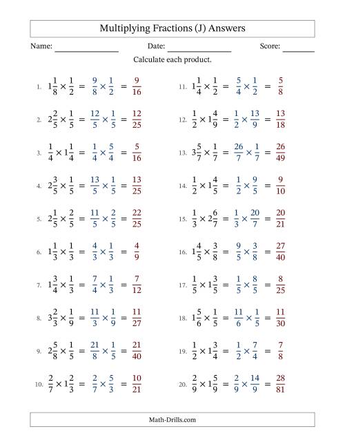 The Multiplying Proper and Mixed Fractions with No Simplification (J) Math Worksheet Page 2