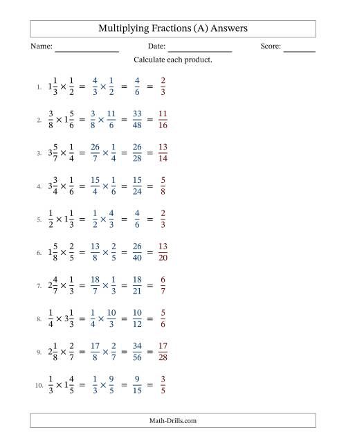 The Multiplying Proper and Mixed Fractions with All Simplifying (A) Math Worksheet Page 2