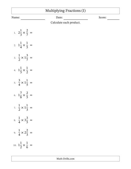 The Multiplying Proper and Mixed Fractions with All Simplification (I) Math Worksheet