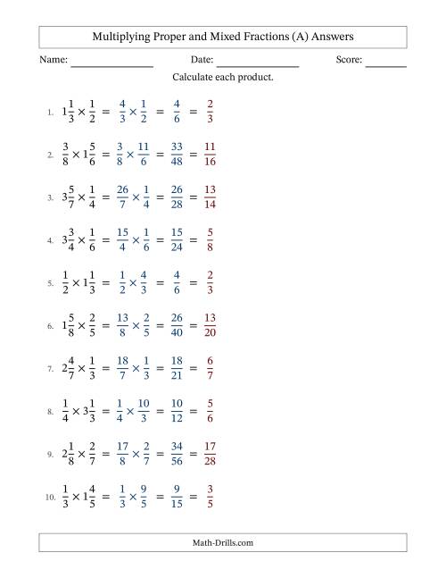 The Multiplying Proper and Mixed Fractions with All Simplifying (All) Math Worksheet Page 2