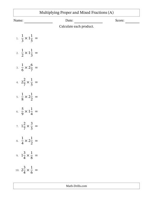 The Multiplying Proper and Mixed Fractions with Some Simplifying (All) Math Worksheet