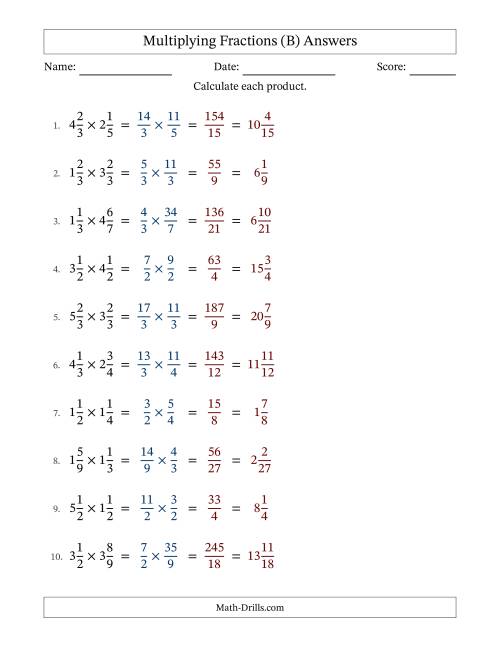 The Multiplying Two Mixed Fractions with No Simplification (B) Math Worksheet Page 2