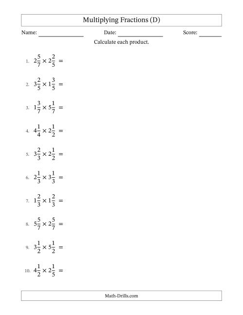 The Multiplying Two Mixed Fractions with No Simplification (D) Math Worksheet