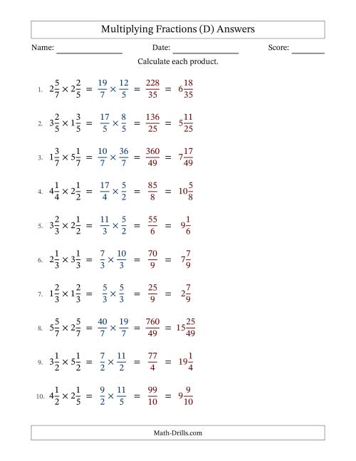 The Multiplying Two Mixed Fractions with No Simplification (D) Math Worksheet Page 2