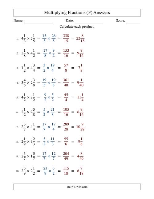 The Multiplying Two Mixed Fractions with No Simplification (F) Math Worksheet Page 2