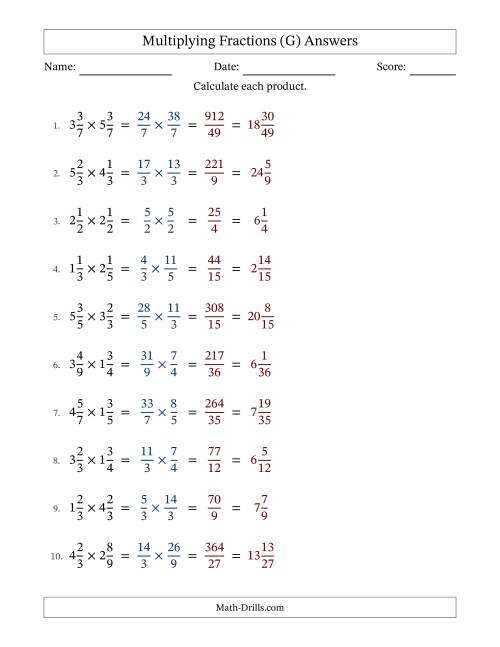 The Multiplying Two Mixed Fractions with No Simplification (G) Math Worksheet Page 2